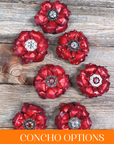Red Gardenia Leather Flowers - 1" Crystal Conchos - Options