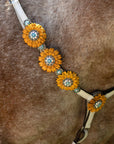 White Leather Turquoise Sunflower One Ear/ Breastcollar Tack Set