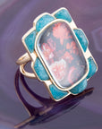 Scenic Red Florals Blue Apatite Golden Statement Ring