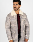 Men's Light Gray Suede Jacket w/ Faux Shearling-lined