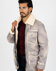 Men's Light Gray Suede Jacket w/ Faux Shearling-lined