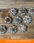 Silver Carnations Leather Flowers - 1" Crystal Conchos - Options