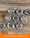 Silver Gardenia Leather Flowers - 1" Crystal Conchos - Options