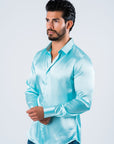 Men's Satin Aqua Dress Shirt