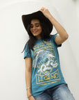 Women's Cotton American Legend Graphic Print Blue T-shirt
