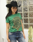 Women's Cotton American Legend Graphic Print Green T-shirt