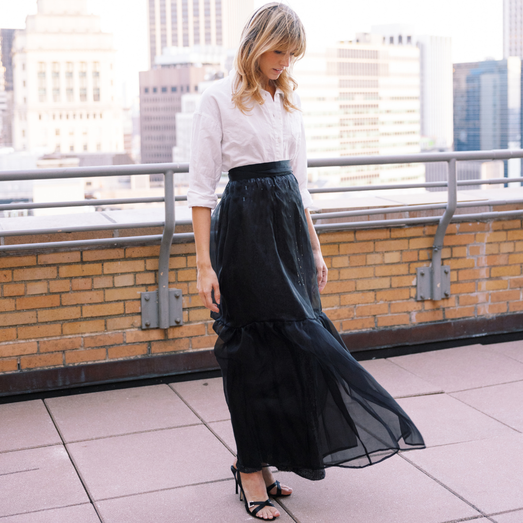 MASON by MASON' DAUGHTER Anabel Skirt, Black Sequin with Black Organza Overlay