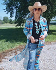 Teal Aztec Long Shirt Dress Duster