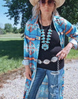 Teal Aztec Long Shirt Dress Duster