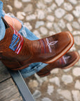 T0228 - TEEN'S PATRIOTIC EMBROIDERY BROWN SQUARE TOE COWBOY BOOT