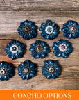 Teal Carnations Leather Flowers - 1" Crystal Conchos - Options