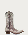 A2773 - TEEN'S BONE COLOR FLORAL EMBROIDERY SNIP TOE COWBOY BOOT