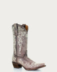 A2773 - TEEN'S BONE COLOR FLORAL EMBROIDERY SNIP TOE COWBOY BOOT
