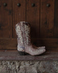 A2773 - TEEN'S BONE COLOR FLORAL EMBROIDERY SNIP TOE COWBOY BOOT