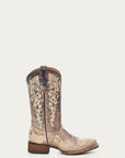 A2980 - TEEN'S BONE COLOR FLORAL EMBROIDERY SQUARE TOE COWBOY BOOT