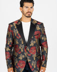 Men's Double Button Dark Blue Woven Printed Blazer