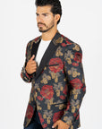 Men's Double Button Dark Blue Woven Printed Blazer