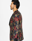 Men's Double Button Dark Blue Woven Printed Blazer