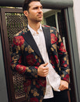 Men's Double Button Dark Blue Woven Printed Blazer