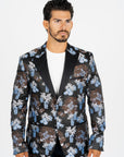 Men's Double Button Black Woven Printed Blazer