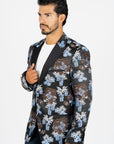 Men's Double Button Black Woven Printed Blazer