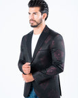 Men's Double Button Black Woven Printed Blazer