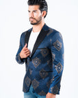 Men's Double Button Navy Woven Printed Blazer
