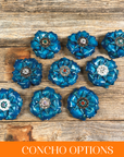 Turquoise Gardenia Leather Flowers - 1" Crystal Conchos - Options