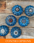 Turquoise Daisy Leather Flowers - 1" Crystal Conchos - Options