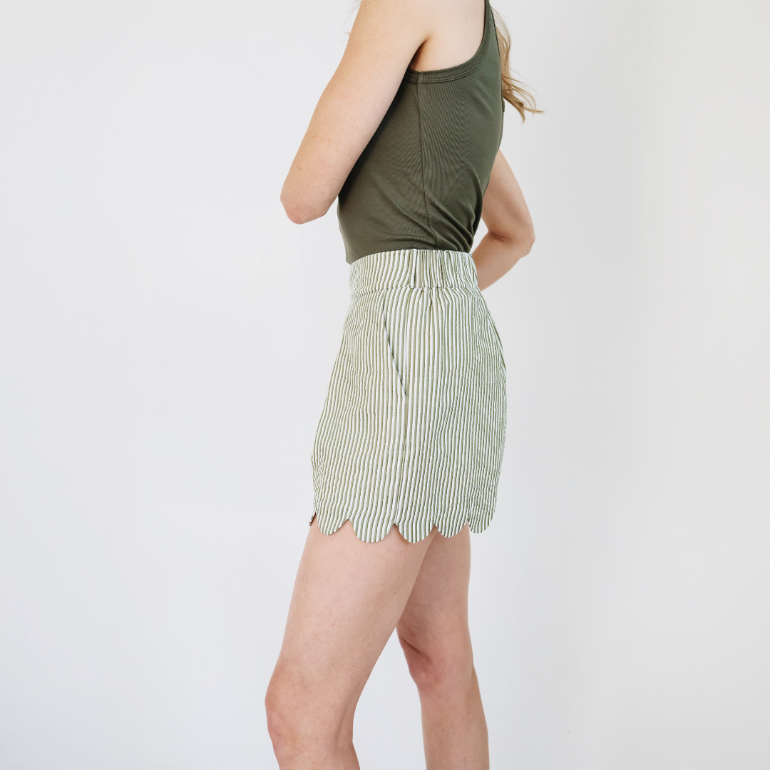 MASON'S DAUGHTER | Scallop Seersucker Shorts, Olive & Ivory