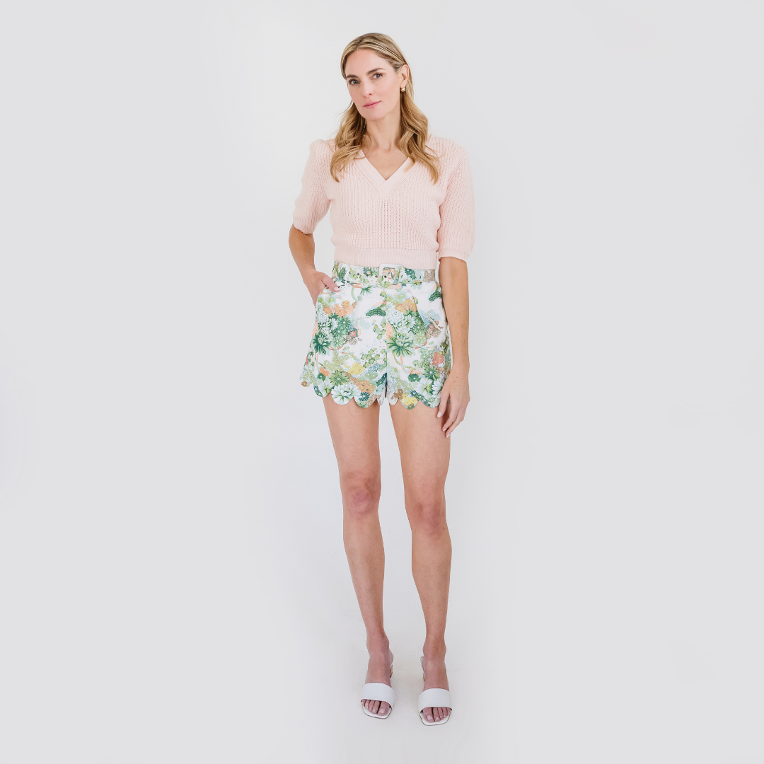 MASON'S DAUGHTER Belted Scallop Shorts, Spring Chinoiserie