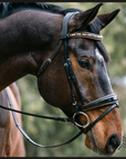 Geneva - Black Patent Snaffle Bridle with Metallic Gold Piping with Removable Flash