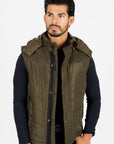 Men's Olive Padded Hooded Vest w/ Faux Fur Lining