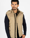 Men's Khaki Padded Hooded Vest w/ Faux Fur Lining