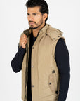Men's Khaki Padded Hooded Vest w/ Faux Fur Lining