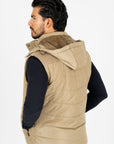 Men's Khaki Padded Hooded Vest w/ Faux Fur Lining