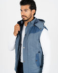 Men's Blue Padded Hooded Vest w/ Faux Fur Lining