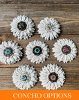 White Daisy Leather Flowers - 1" Crystal Conchos - Options