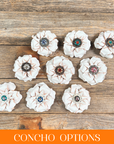 White Gardenia Leather Flowers - 1" Crystal Conchos - Options