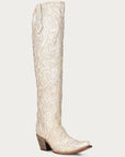 C3927 - WOMEN'S BEIGE GLITTER OVERLAY AND EMBROIDERY TALL TOP SNIP TOE COWBOY BOOT