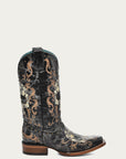 Z5005 - WOMEN'S BLACK AND WHITE FLORAL SUGAR SKULL SQUARE TOE COWBOY BOOT