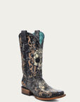 Z5005 - WOMEN'S BLACK AND WHITE FLORAL SUGAR SKULL SQUARE TOE COWBOY BOOT