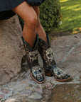 Z5005 - WOMEN'S BLACK AND WHITE FLORAL SUGAR SKULL SQUARE TOE COWBOY BOOT
