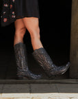 C3423 - WOMEN'S BLACK GLITTERED INLAY BLACK SNIP TOE COWBOY BOOT