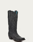 C3423 - WOMEN'S BLACK GLITTERED INLAY BLACK SNIP TOE COWBOY BOOT