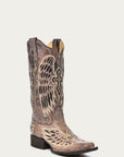 A1197 - WOMEN'S BLACK GLITTER INLAY CROSS AND WINGS EMBROIDERY SQUARE TOE COWBOY BOOT