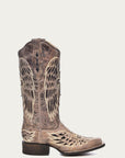 A1197 - WOMEN'S BLACK GLITTER INLAY CROSS AND WINGS EMBROIDERY SQUARE TOE COWBOY BOOT