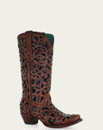 A4083 - WOMEN'S BLACK GLITTER INLAY FLORAL OVERLAY WITH CRYSTALS AND STUDS BROWN SNIP TOE COWBOY BOOT