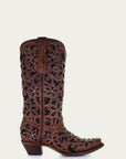 A4083 - WOMEN'S BLACK GLITTER INLAY FLORAL OVERLAY WITH CRYSTALS AND STUDS BROWN SNIP TOE COWBOY BOOT