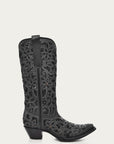 A3752 - WOMEN'S BLACK GLITTER INLAY FLORAL OVERLAY WITH CRYSTALS AND STUDS SNIP TOE BLACK COWBOY BOOT